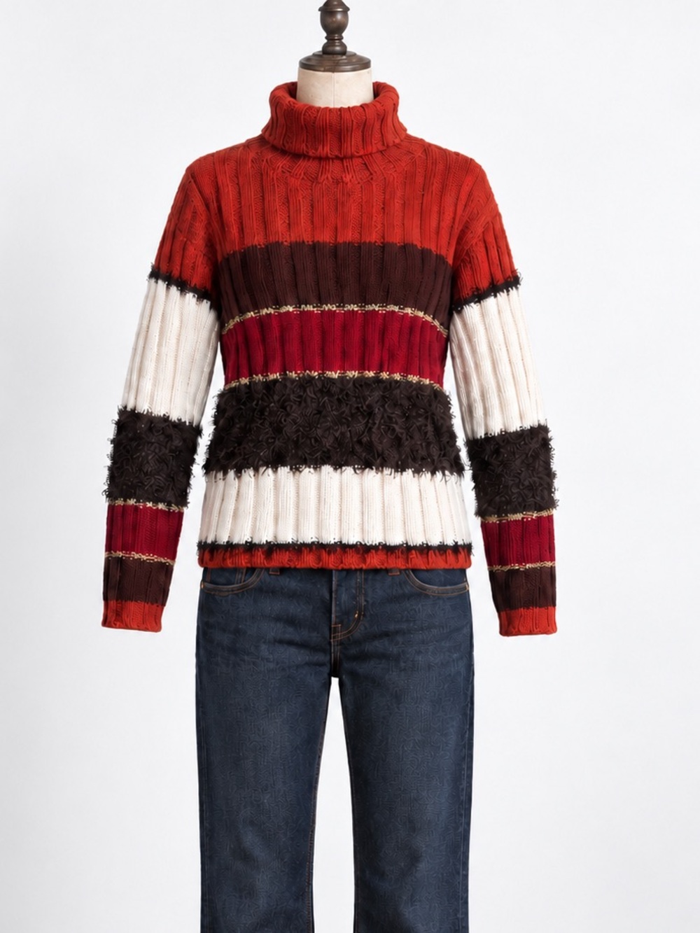 Vintage Miss Sixty Red, Orange, White & Brown Knit Turtleneck Sweater